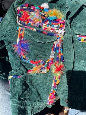 Green Corduroy Jacket with Multicolor Beaded Fringe